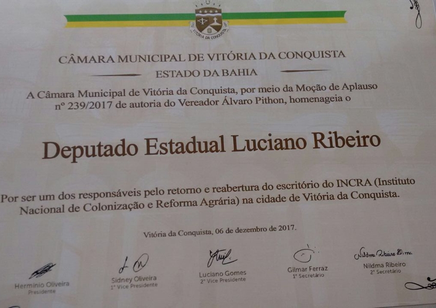 Câmara de Vereadores de Vitória da Conquista presta homenagens ao deputado Luciano Ribeiro