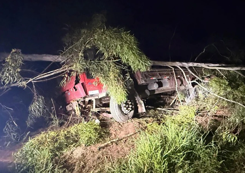 Caminhão carregado com ferro sai da pista e bate em árvore na BA-900 em Ibicoara