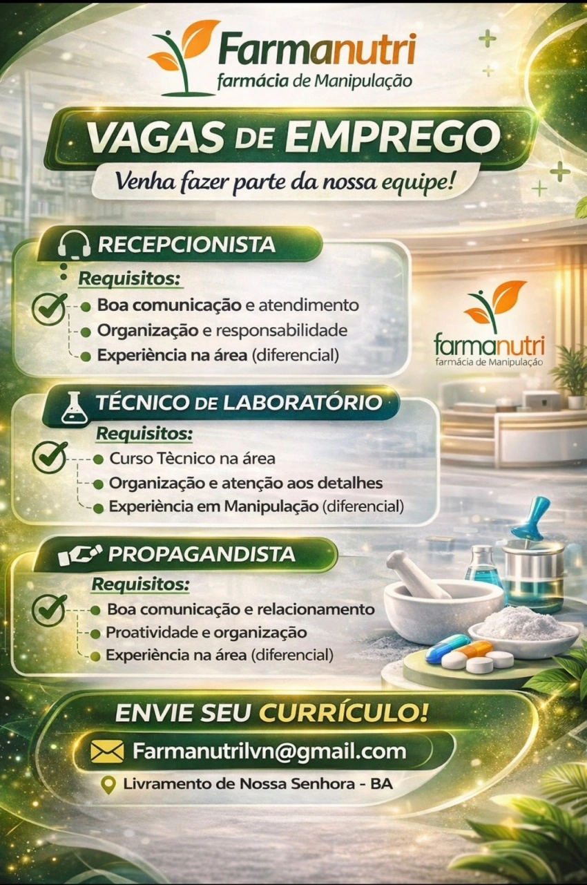 Farmanutri abre vagas de emprego em Livramento; veja como se candidatar
