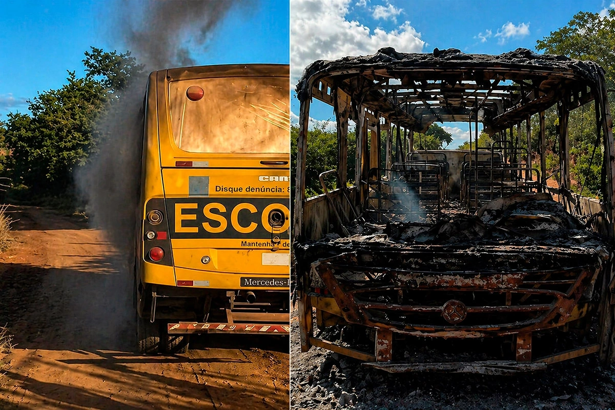 Ônibus escolar é destruído por incêndio na zona rural de Rio do Antônio