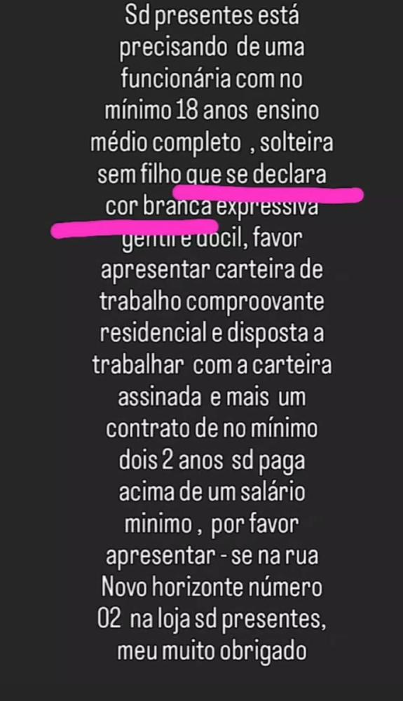 Anúncio de vaga de emprego em Caetité gera polêmica por conteúdo racista