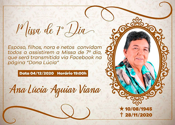 Missa de 7º dia de Dona Lúcia acontece nesta sexta (04)
