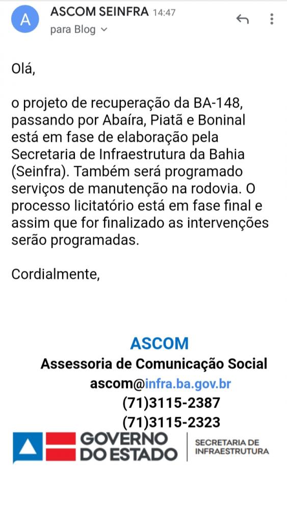 Em nota, Seinfra apresenta parecer sobre buracos na BA-148 trecho que liga Abaíra, Piatã e Boninal