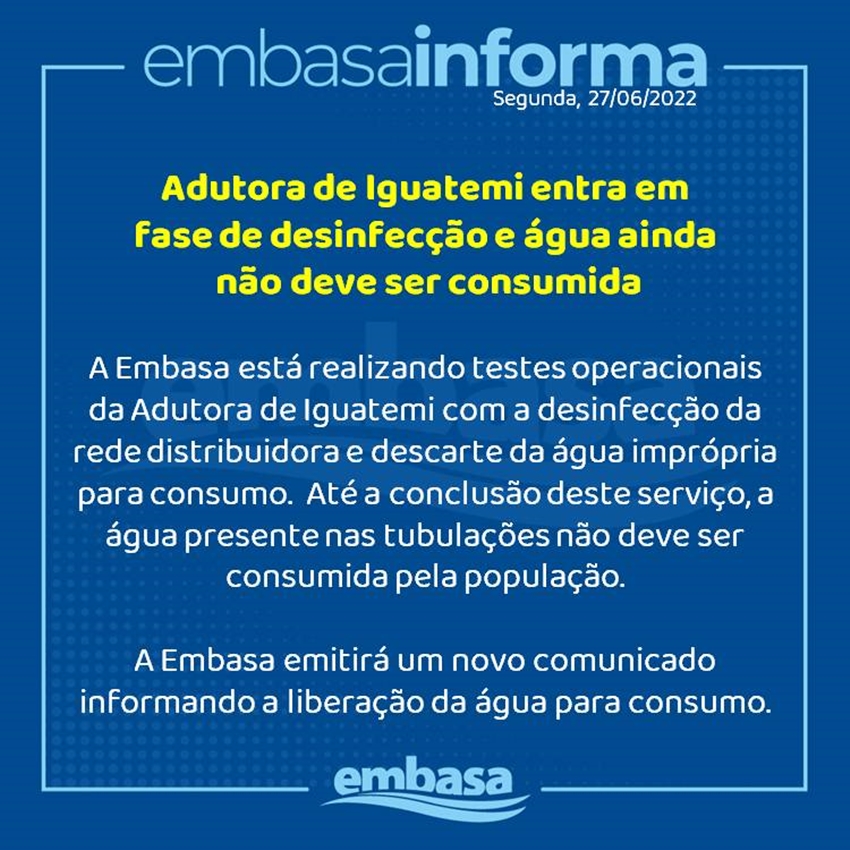 Adutora de Iguatemi entra em fase de desinfecção e água ainda não deve ser consumida