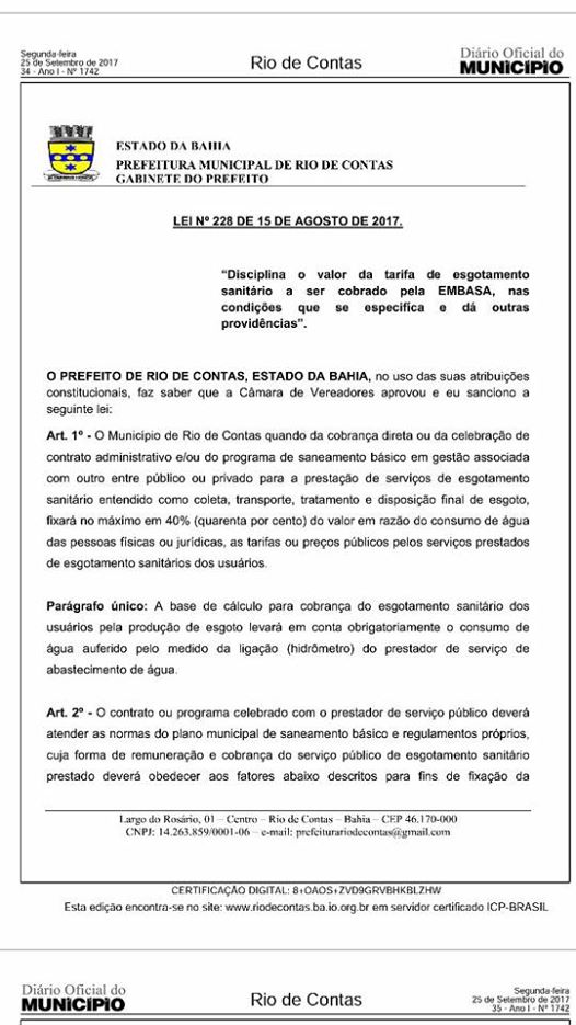 Prefeito de Rio de Contas sanciona lei que reduz taxa de esgoto na conta de água do município