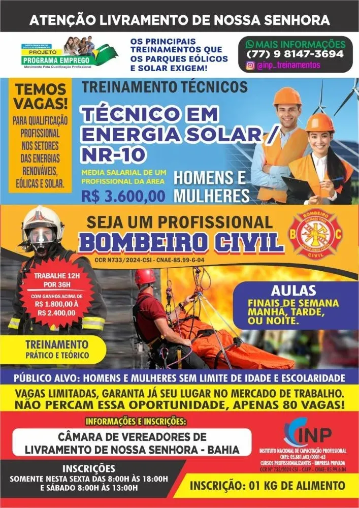 Livramento recebe inscrições para cursos de Bombeiro Civil e Energia Solar
