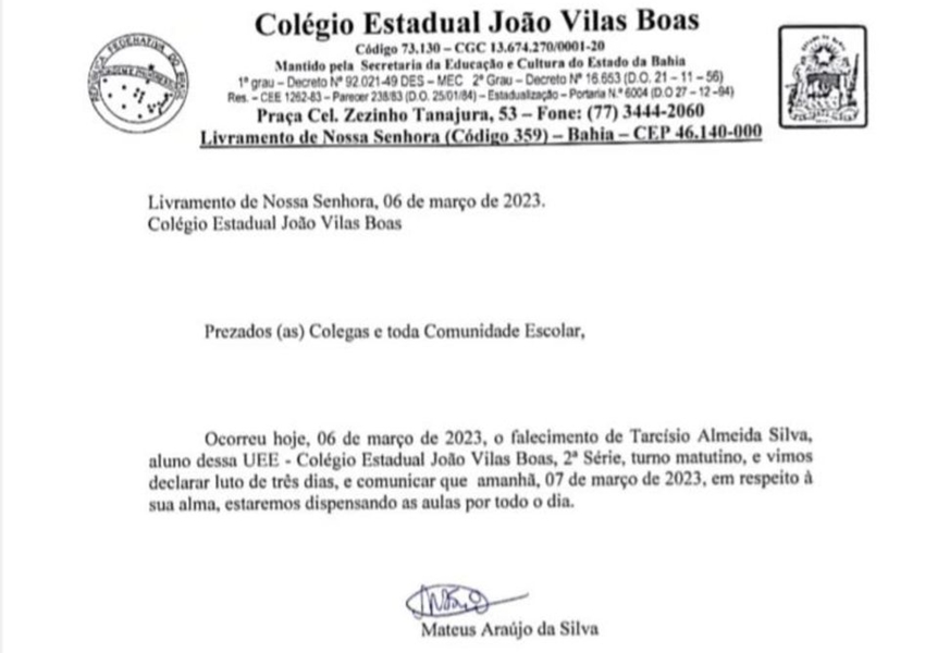 Livramento: Colégio estadual João Vilas Boas decreta luto de três dias após falecimento de aluno