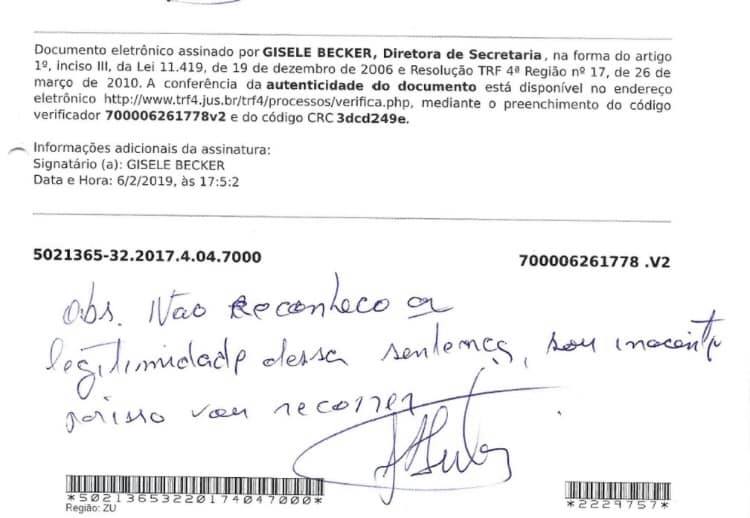Em intimação, Lula escreve que não reconhece sentença do sítio de Atibaia