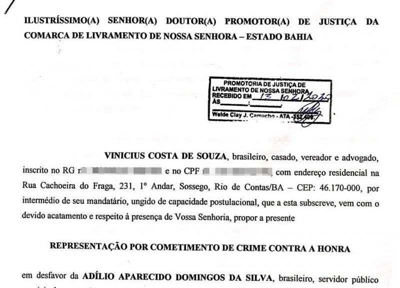 Rio de Contas: Vereador entra com representação no Ministério Público por crime contra a honra