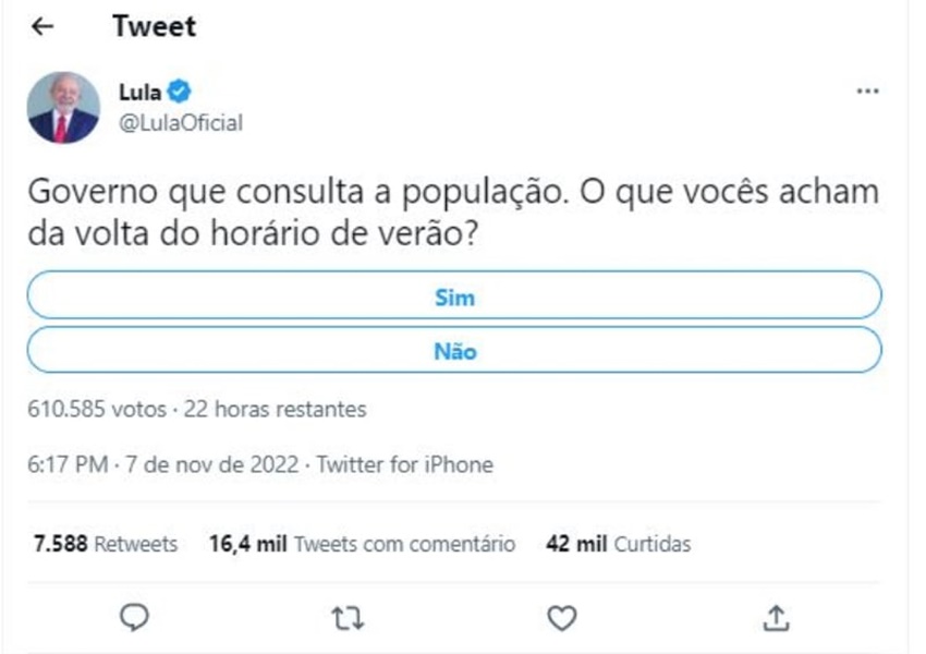 Lula faz enquete em rede social sobre a volta do horário de verão