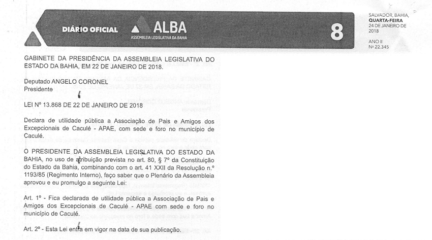 APAE de Caculé é declarada de utilidade pública