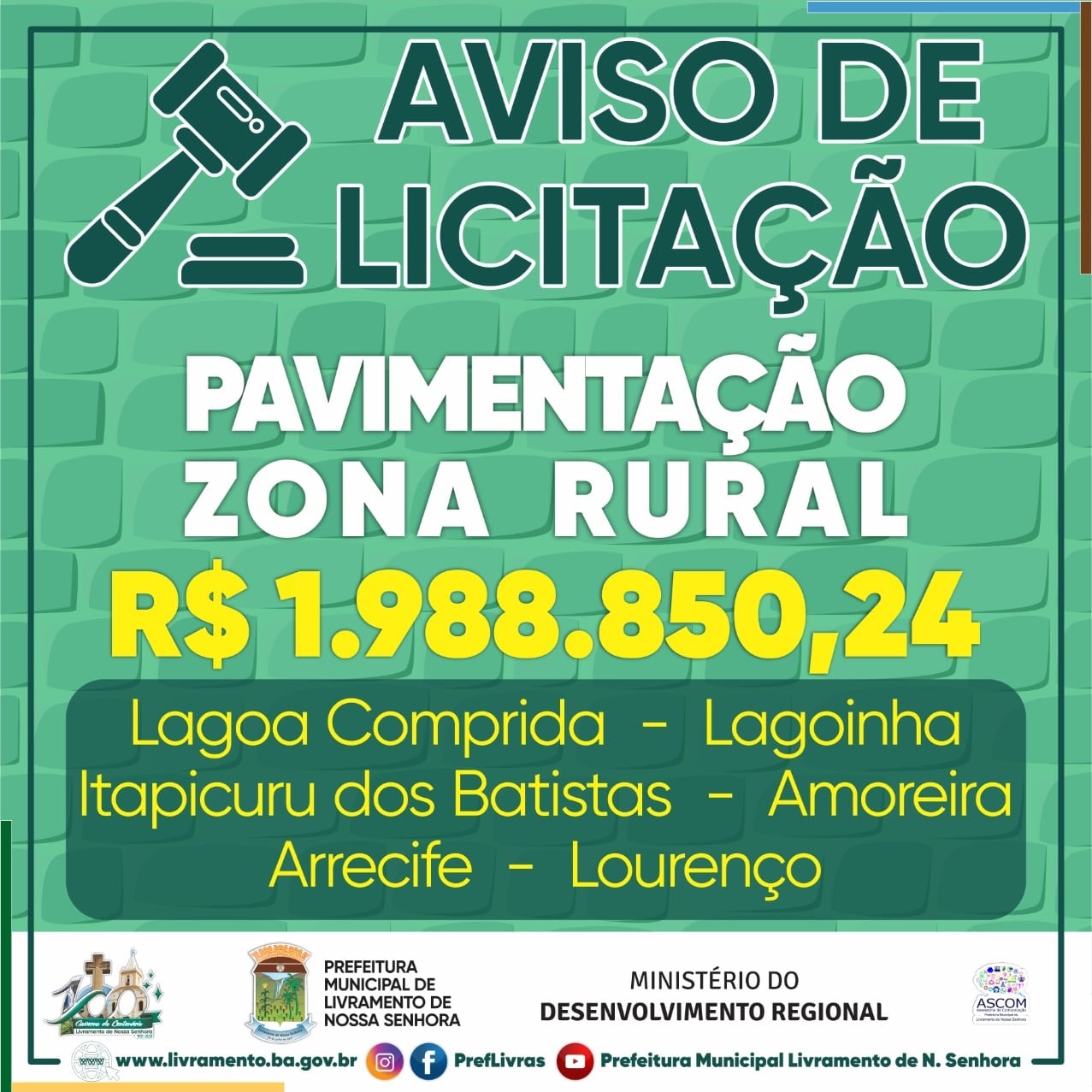 Prefeitura de Livramento publica aviso de licitação para pavimentação na  zona rural