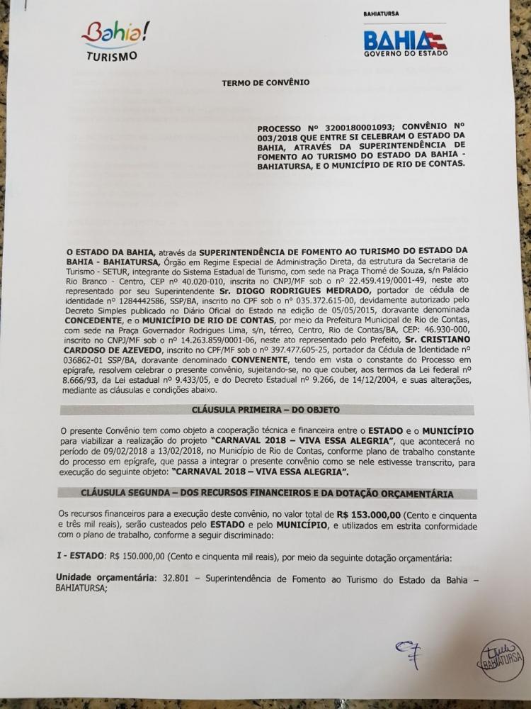 Bahiatursa libera R$150 mil para Carnaval de Rio de Contas