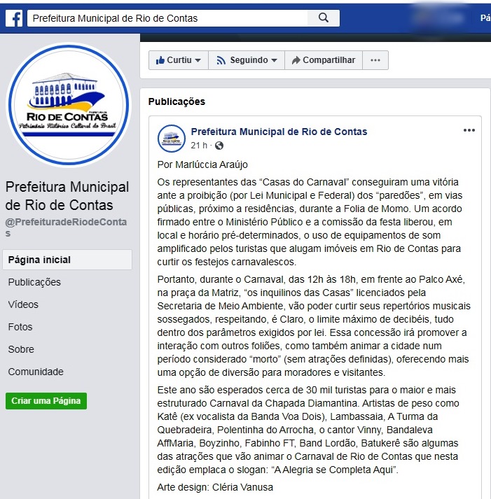 Carnaval 2020: MP informa que nenhum acordo foi feito para uso de paredões no carnaval e equipamentos sonoros não serão permitidos em Rio de Contas