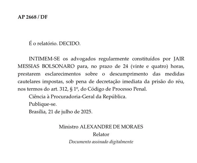 STF intima defesa de Bolsonaro por possível descumprimento de medidas
