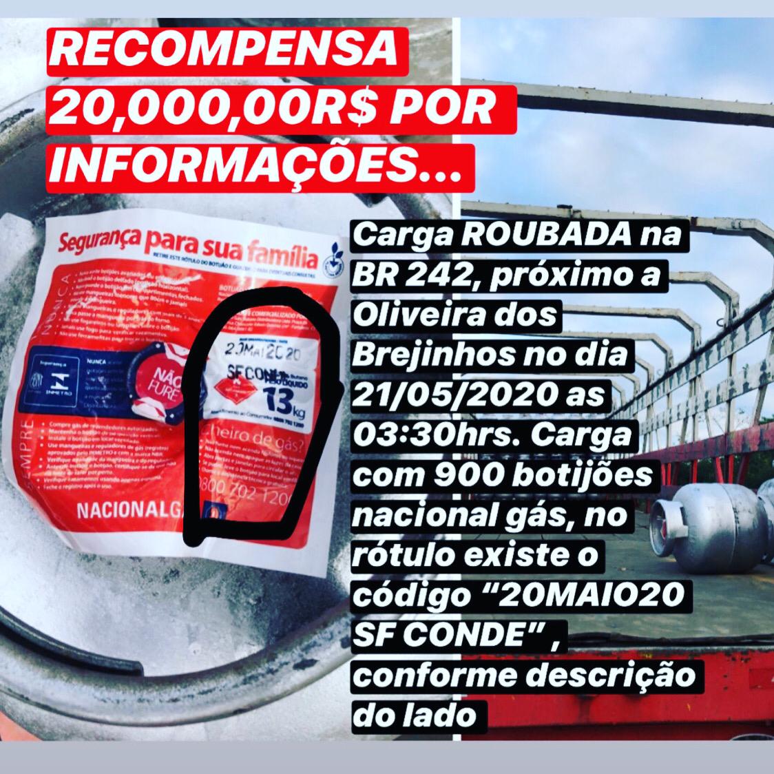   Proprietário tenta recuperar carga roubada de 900 botijões de gás na BR/242 próximo a Oliveira dos Brejinhos/BA; recompensa R$ 20 mil