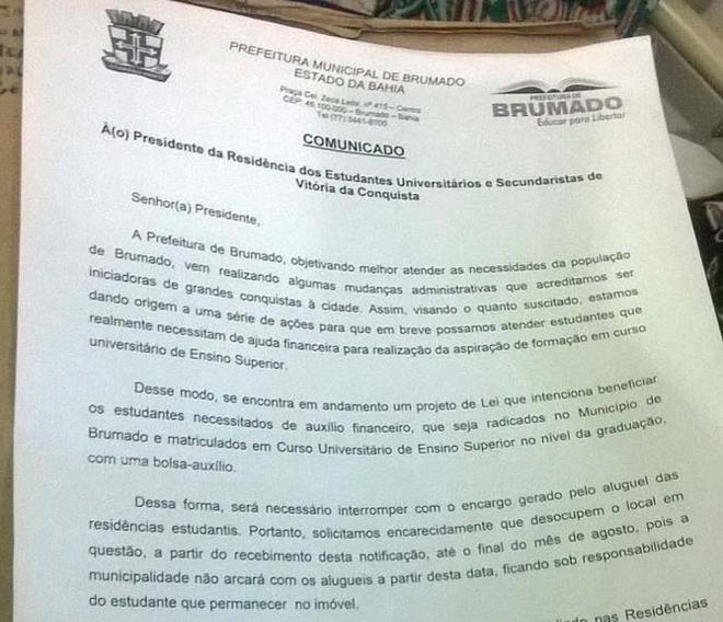 Brumado: Prefeitura emite nota de despejo em residência universitária e estudantes alegam que não têm para onde ir