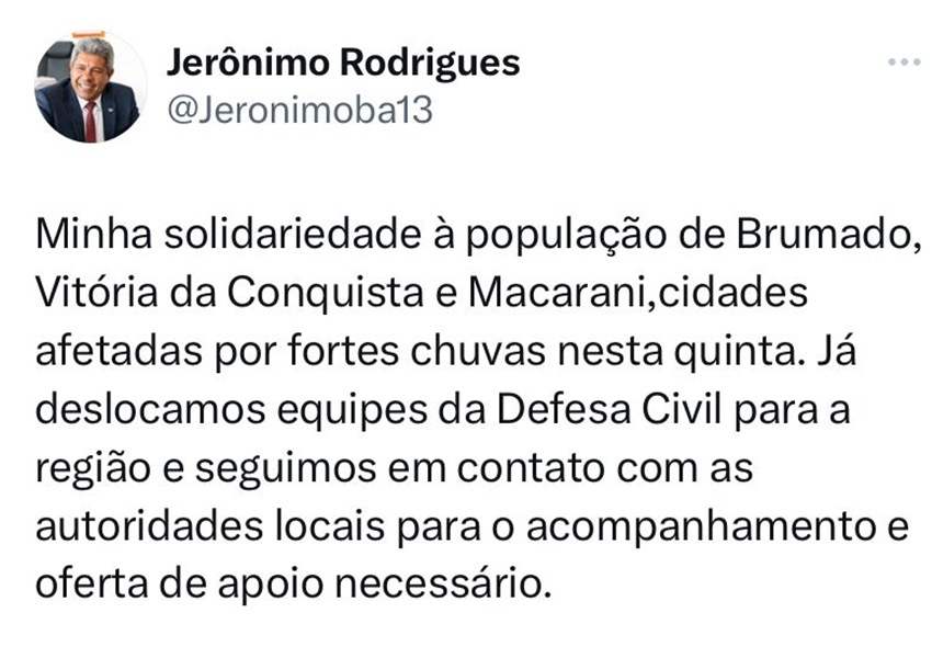 Governador da Bahia expressa solidariedade às cidades afetadas por fortes chuvas