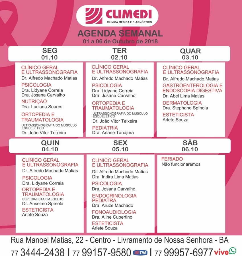 Confira agenda semanal da Climedi de Livramento