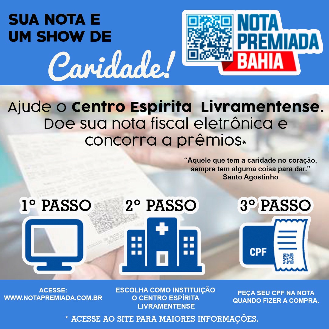 Ajude o Centro Espirita Livramentense; doe sua nota fiscal eletrônica e concorra a prêmios
