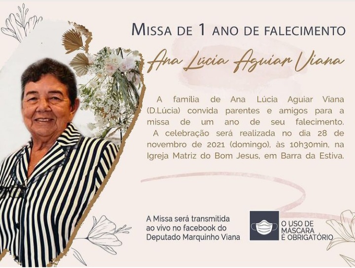 Deputado Marquinho Viana e família convidam para a Missa de 1 ano do falecimento de Dona Ana Lucia Aguiar Viana