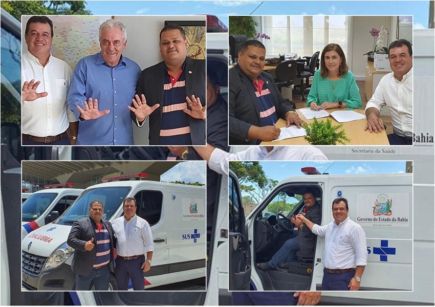 Deputado Marquinho Viana e prefeito Haroldo Aguiar, de Ibicoara, recebem ambulância furgão