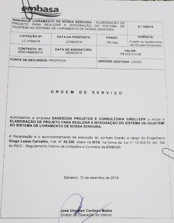Livramento: Ordem de Serviço para projeto de implantação de sistema de água em Iguatemi é autorizado pelo governador Rui Costa