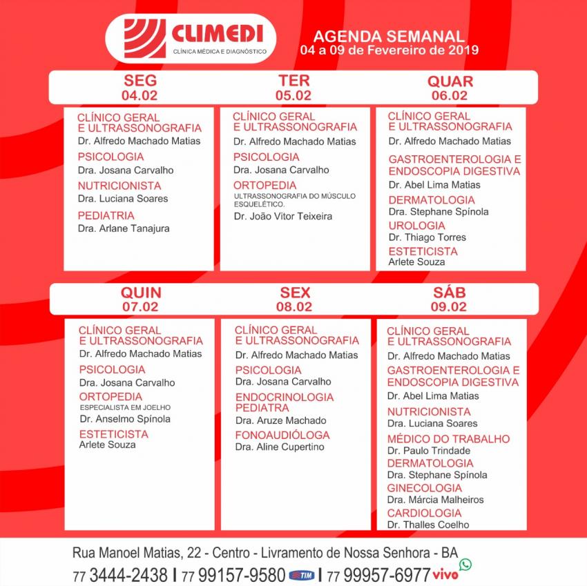 Confira agenda semanal da CLIMEDI
