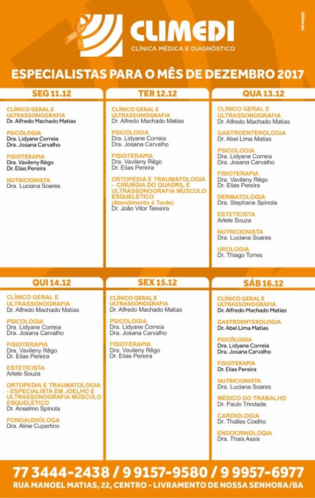 Confira agenda da Climedi da próxima semana
