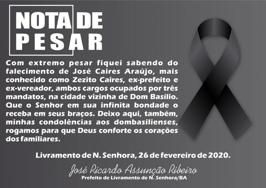Prefeito de Livramento lamenta morte de Zezito Caíres, ex-prefeito de Dom Basílio