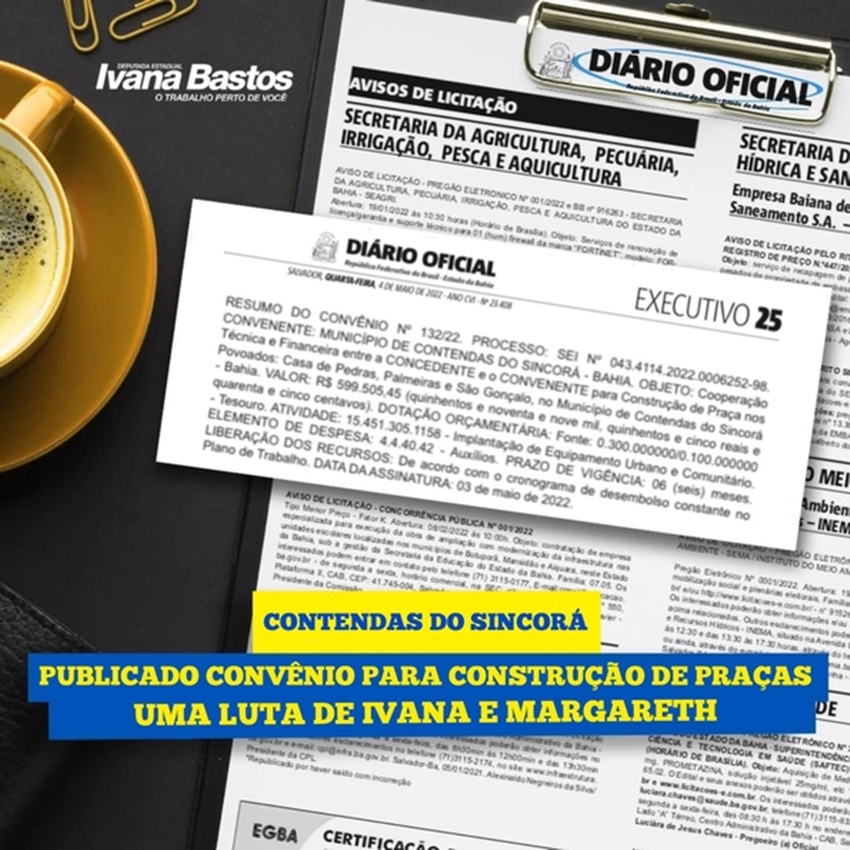 Publicado convênio para construção de praças em Contendas do Sincorá 