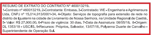 Publicado o resumo do extrato do contrato da topografia para a extensão da rede de água para o distrito de Iguatemi
