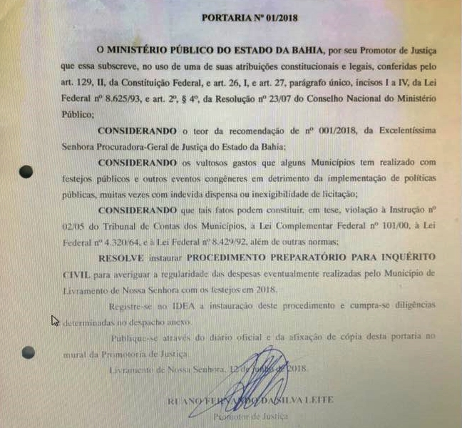 Ministério Público fiscalizará gastos dos festejos juninos em Livramento de Nossa Senhora 