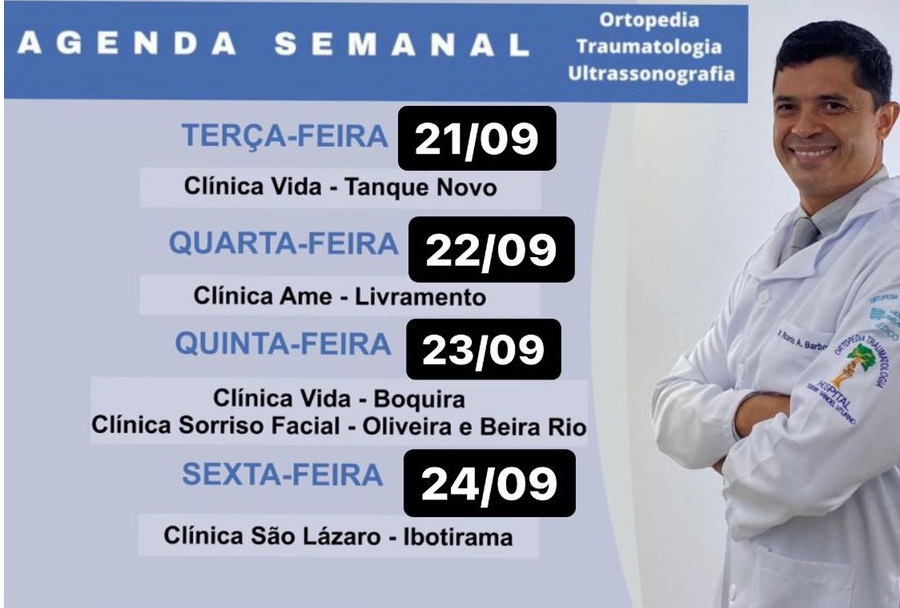 Confira agenda semanal do doutor Ricardo Barbosa ortopedista e ultrassonografia músculo esquelético