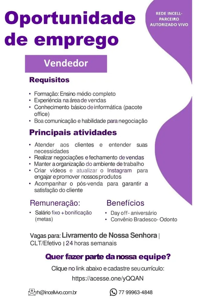 Rede Incell oferece vaga de emprego para vendedor em Livramento de Nossa Senhora