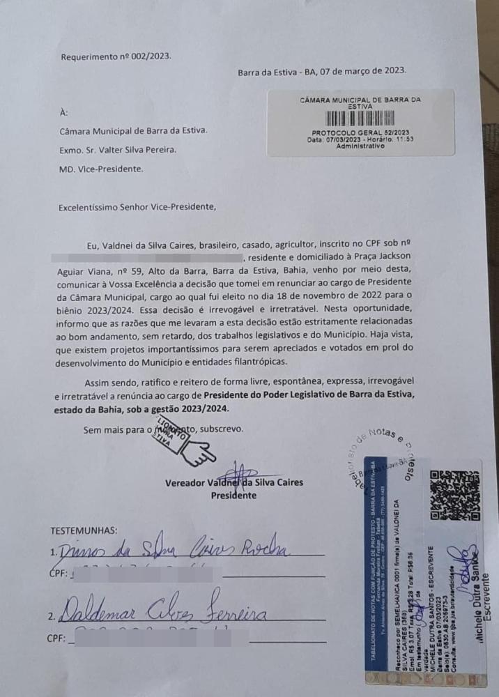Urgente: Presidente da Câmara Municipal de Barra da Estiva renuncia ao cargo em meio a investigação de desaparecimento de jovem grávida