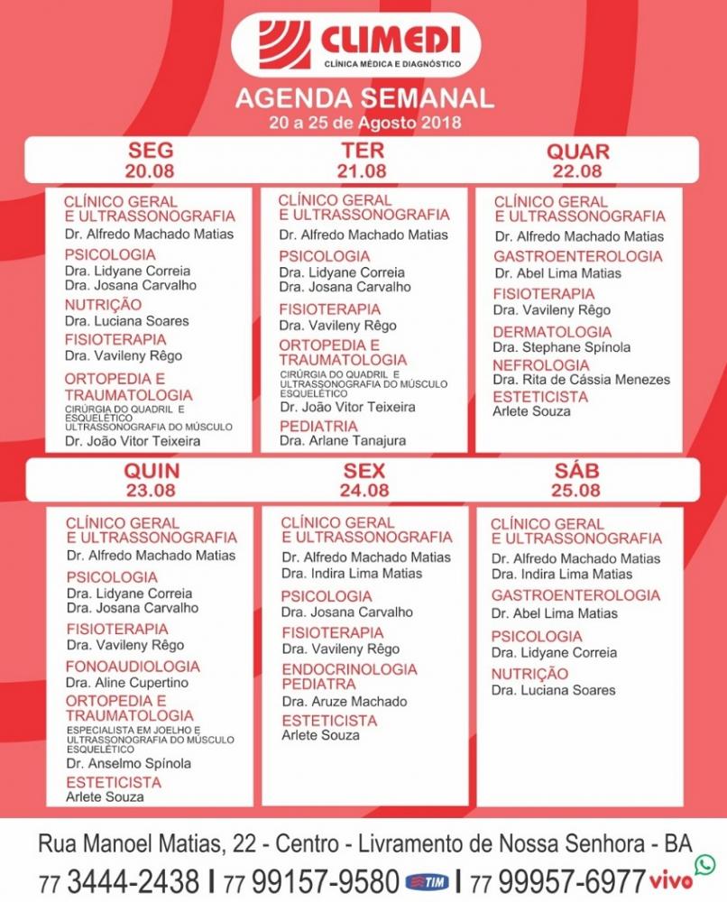 Confira agenda semanal da Clínica Climedi de Livramento