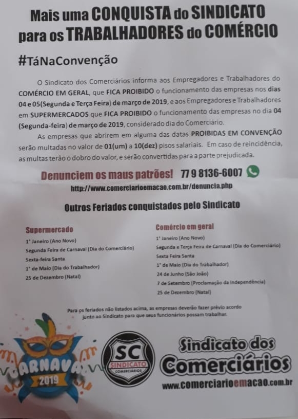 Sindicato dos Comerciários emite nota autoritária e abusiva diz comerciantes