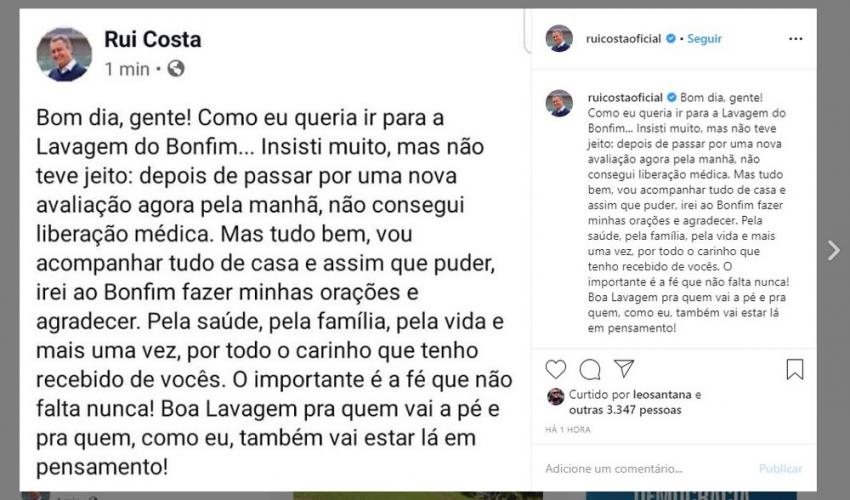 Governador da Bahia anuncia nas redes sociais que não vai participar da Lavagem do Bonfim por orientação médica