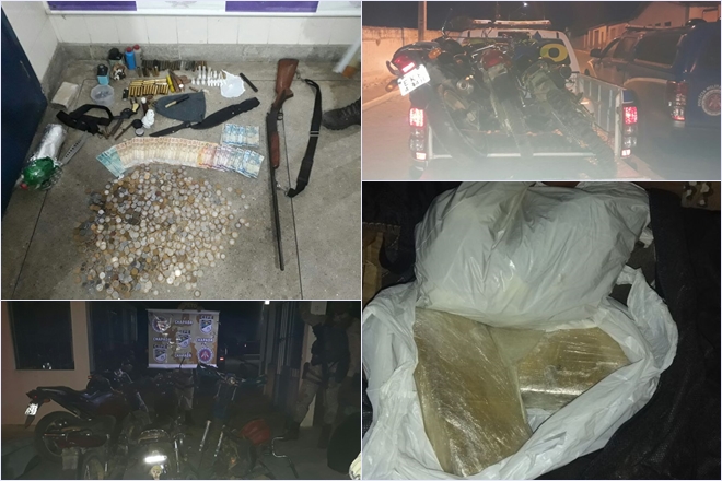 Jussiape: Polícia Militar apreende armas, munições, motocicletas, automóvel, dinheiro e drogas; quatro homens foram presos