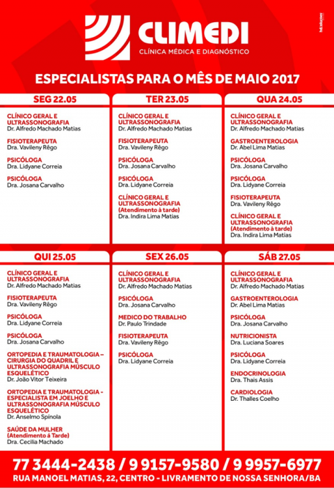Confira agenda da Climedi da próxima semana