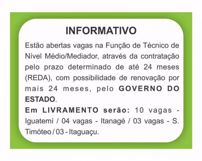 Livramento: Abertas vagas (REDA) para a Fundação de Técnico de nível médio /mediador