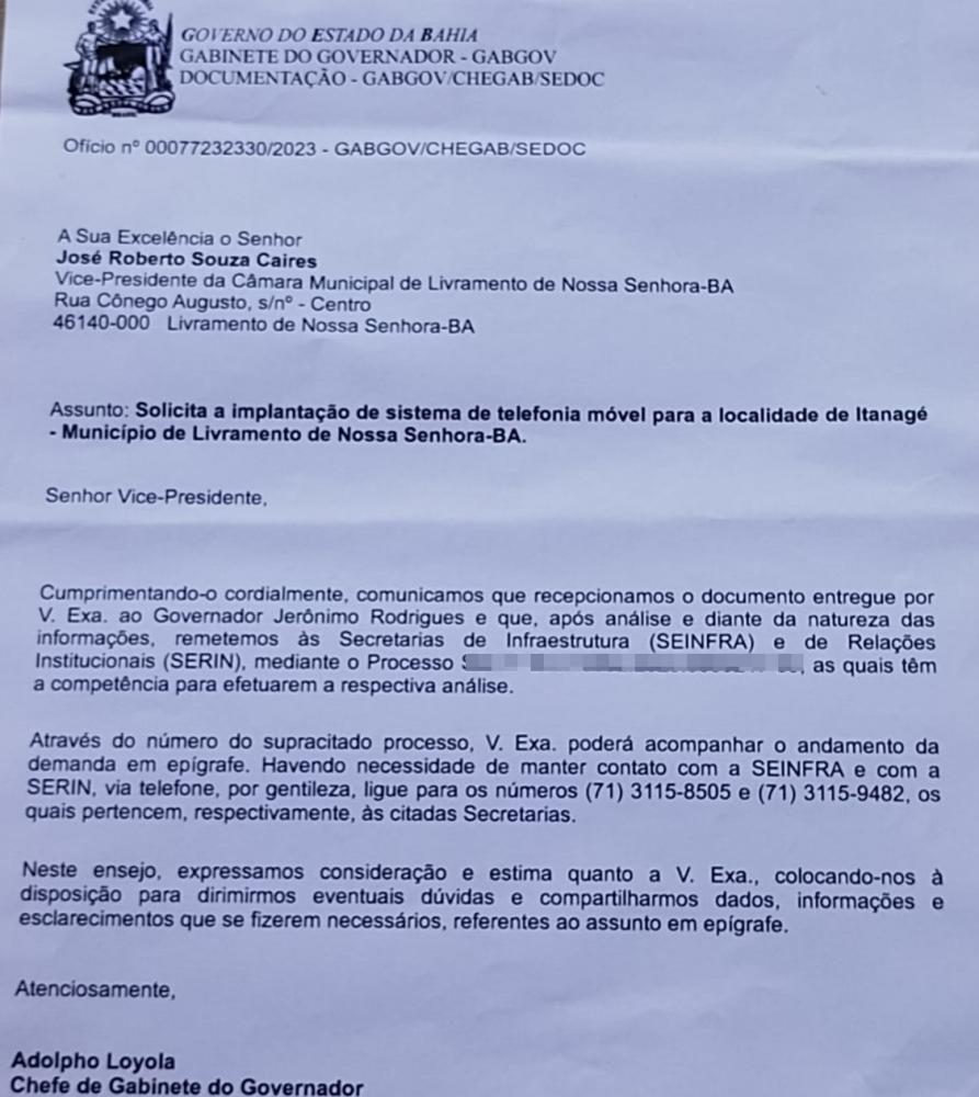 Vereador 'Zé de Vital' solicita  ao Governo do Estado Implantação de Telefonia Móvel em Itanagé