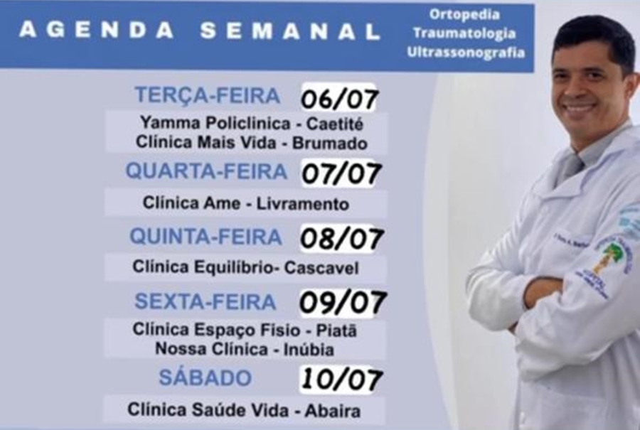 Confira agenda semanal do doutor Ricardo Barbosa ortopedista e ultrassonografia músculo esquelético