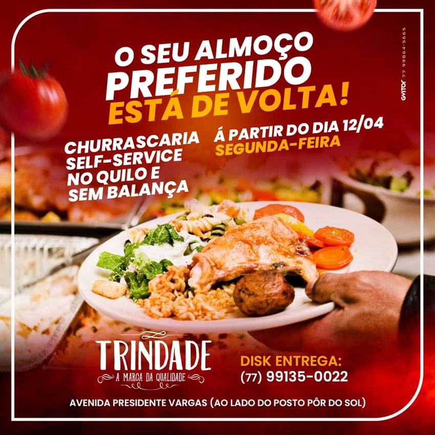 Restaurante e Pizzaria Trindade: O seu almoço preferido está de volta nesta segunda-feira (12)