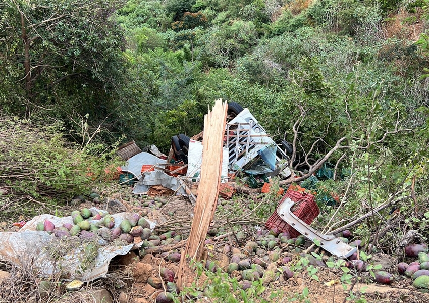 Caminhão carregado com mangas se envolve em acidente na BA-148