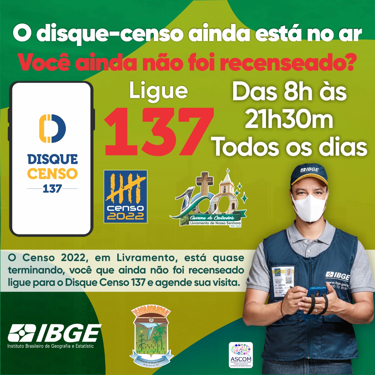 Prefeitura de Livramento informa que domicílios não visitados pelo IBGE devem ligar para o Disque-Censo 137