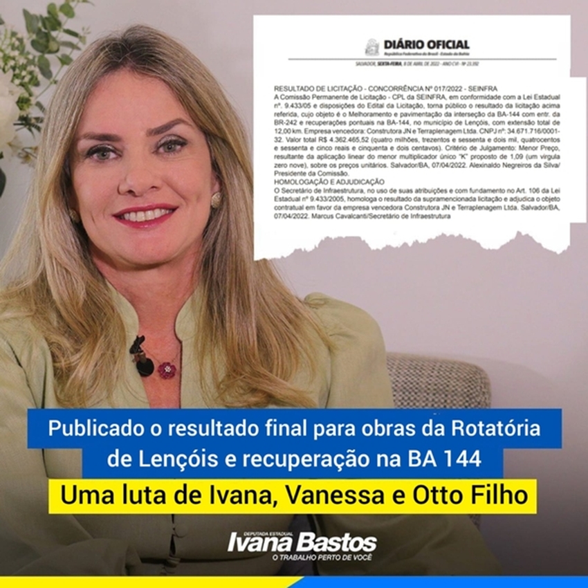 Resultado da licitação para obras rotatória e recuperação da BA 144 em Lençóis