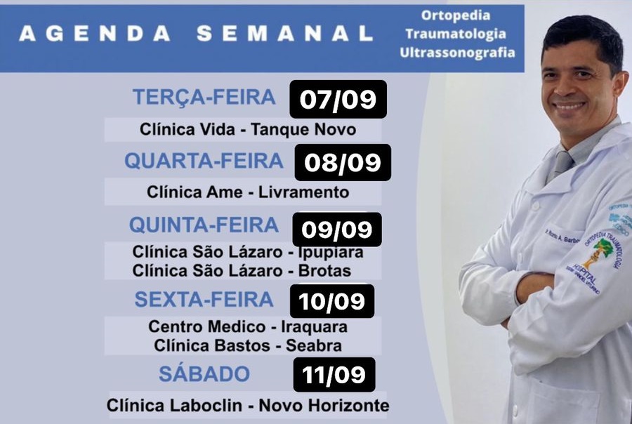 Confira agenda semanal do doutor Ricardo Barbosa ortopedista e ultrassonografia músculo esquelético