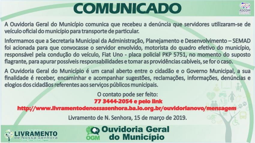  Ouvidoria Geral do Município divulga comunicado após receber denúncia sobre uso irregular de veículo